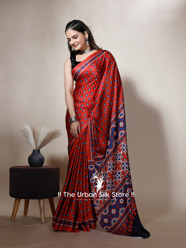 Ajrakh Dark Maroon Digital Printed Saree