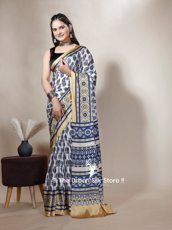 Ajrakh Cream Yellow Digital Printed Saree