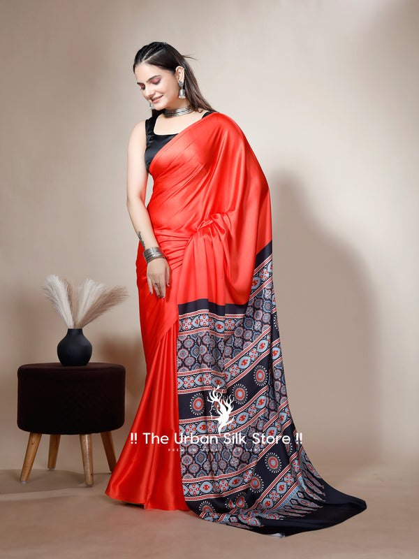 Ajrakh Red Modal Digital Printed Saree