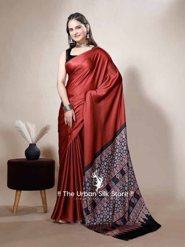 Ajrakh Maroon Modal Digital Printed Saree