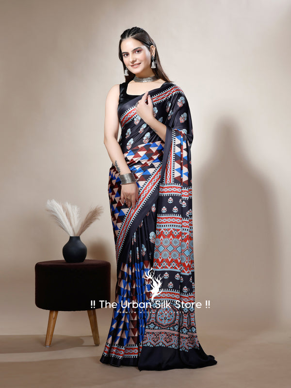 Ajrakh Black Floral Digital Printed Saree