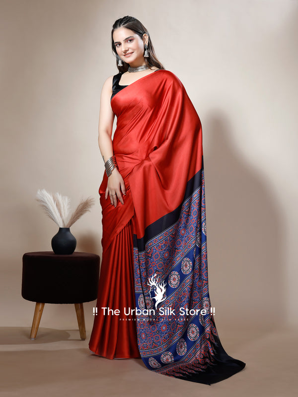 Ajrakh Red And Blue Digital Printed Saree