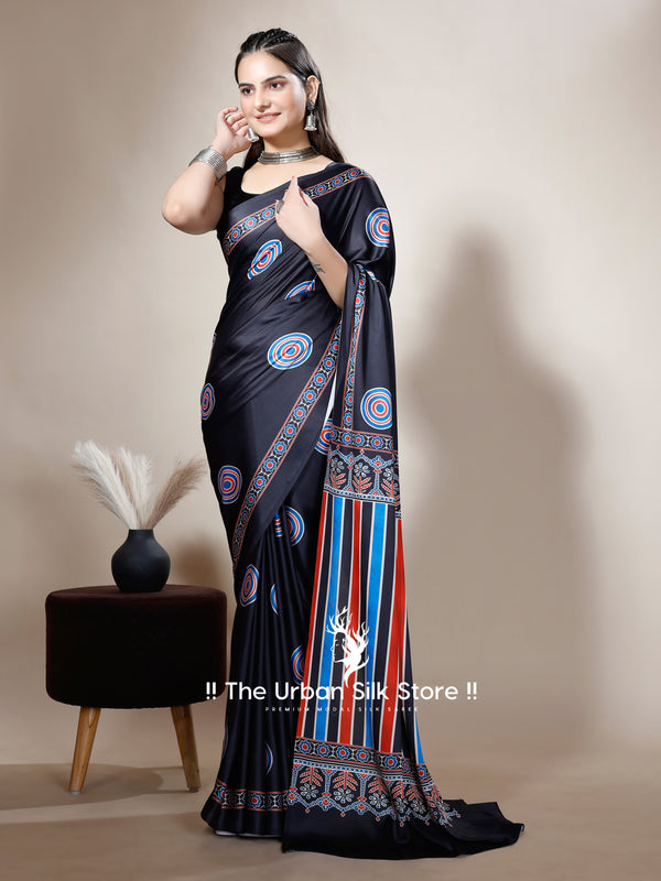 Ajrakh Black And Multi Digital Printed Saree