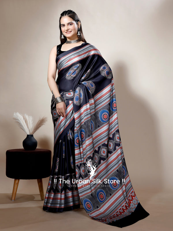 Ajrakh Black Round Digital Printed Saree