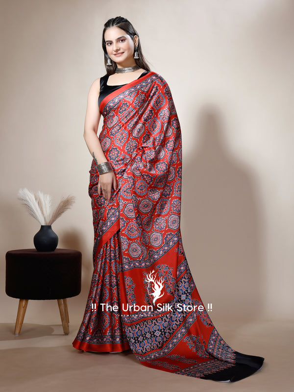 Ajrakh Red Modal Digital Printed Saree