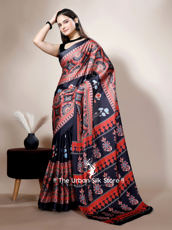 Ajrakh Black Floral Digital Printed Saree