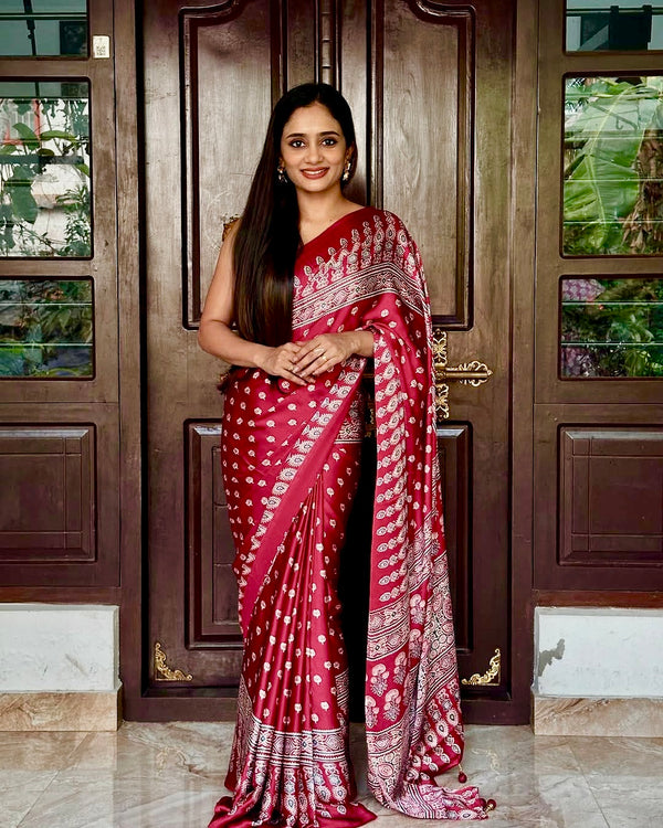 Ajrakh Red Modal Silk Saree