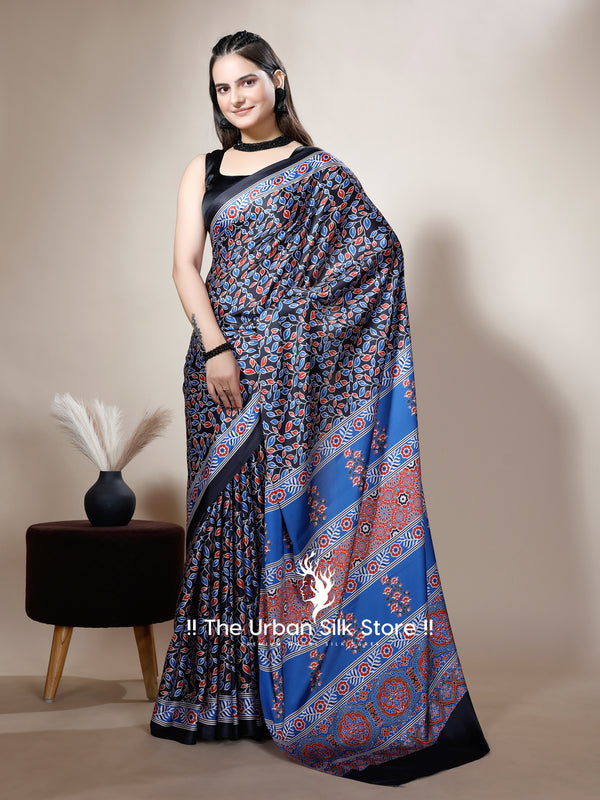 Ajrakh Blue Digital Printed Saree