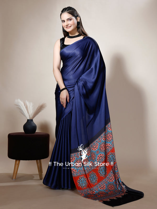 Ajrakh Royal Blue Digital Printed Saree