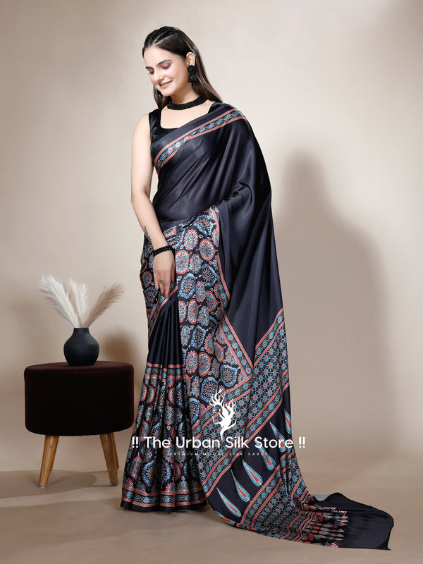 Ajrakh Black Modal Digital Printed Saree