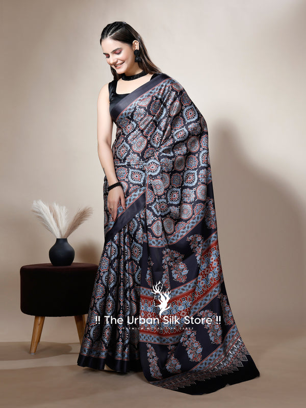 Ajrakh Black Modal Digital Printed Saree