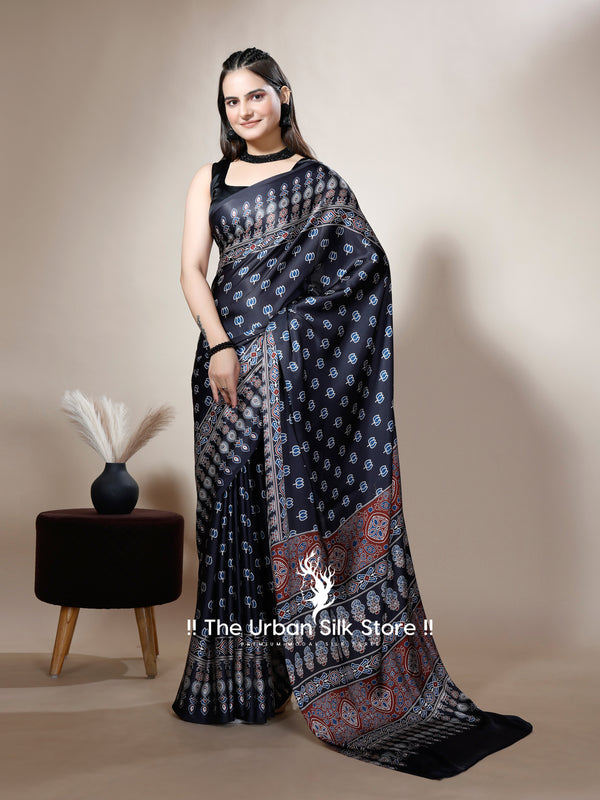 Ajrakh Black Floral Digital Printed Saree