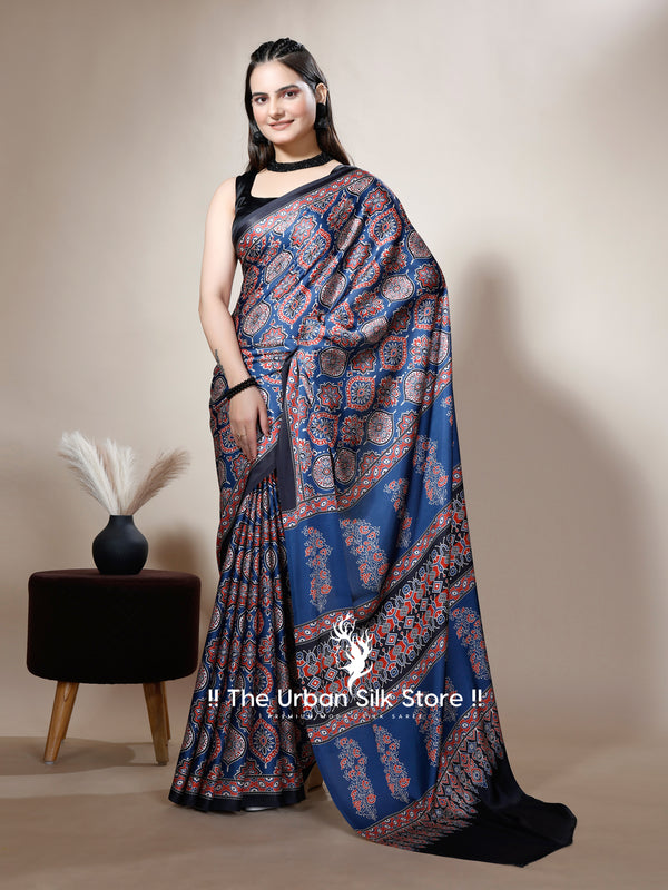 Ajrakh Nevy Blue Modal Digital Printed Saree