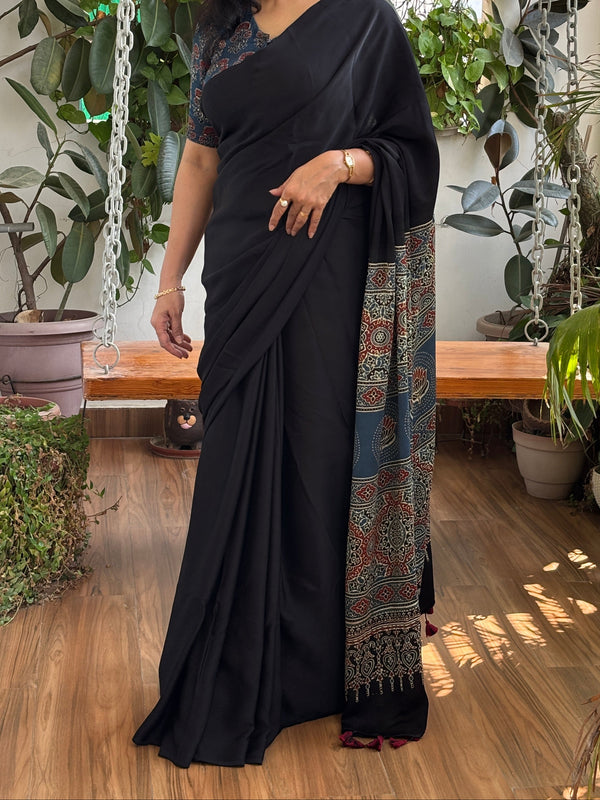 Black Colur Ajrakh Premium Modal Saree