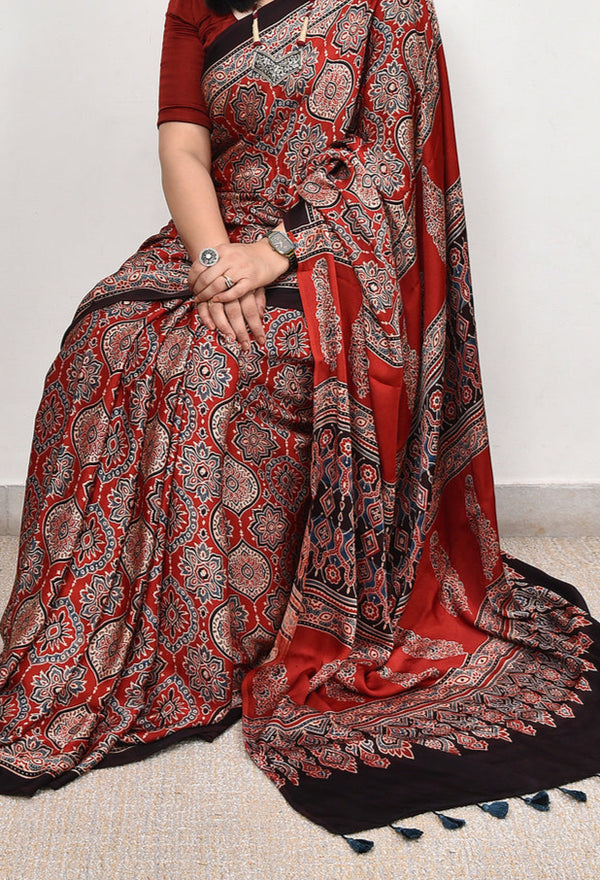 Ajrakh Red Digital Printed Saree