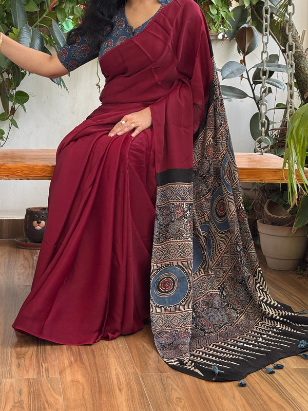 Maroon Colur Black Ajrakh Saree