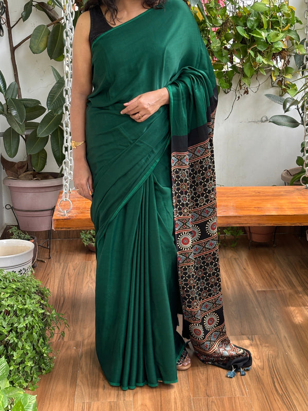 Green Solid Colur Black Ajrakh Saree
