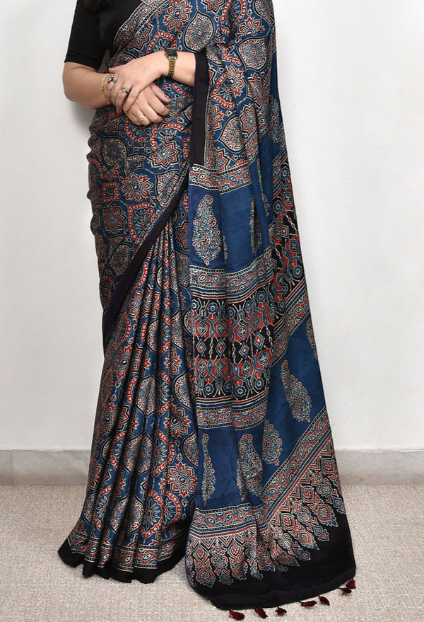 Ajrakh Nevy Blue Digital Printed Saree