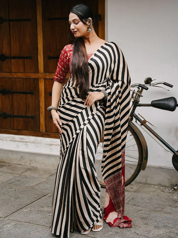 Magnolia White and Black Stripes Ajrakh Printed Satin Crepe Silk Saree
