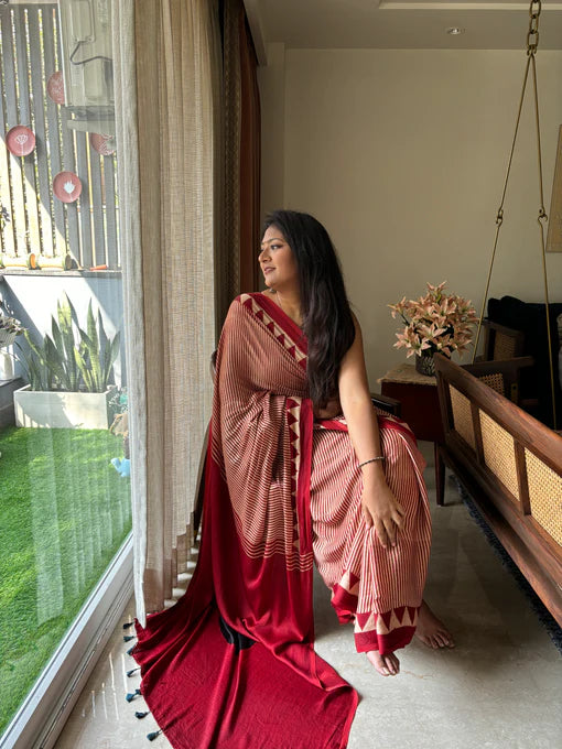 Black Bindi Red Modal Silk Ajrakh Saree