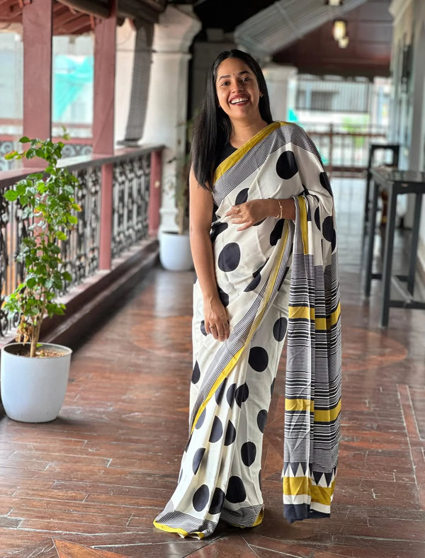 Yellow And Cream Color Handcrafted Ajrakh Saree| Festive & Wedding Wear