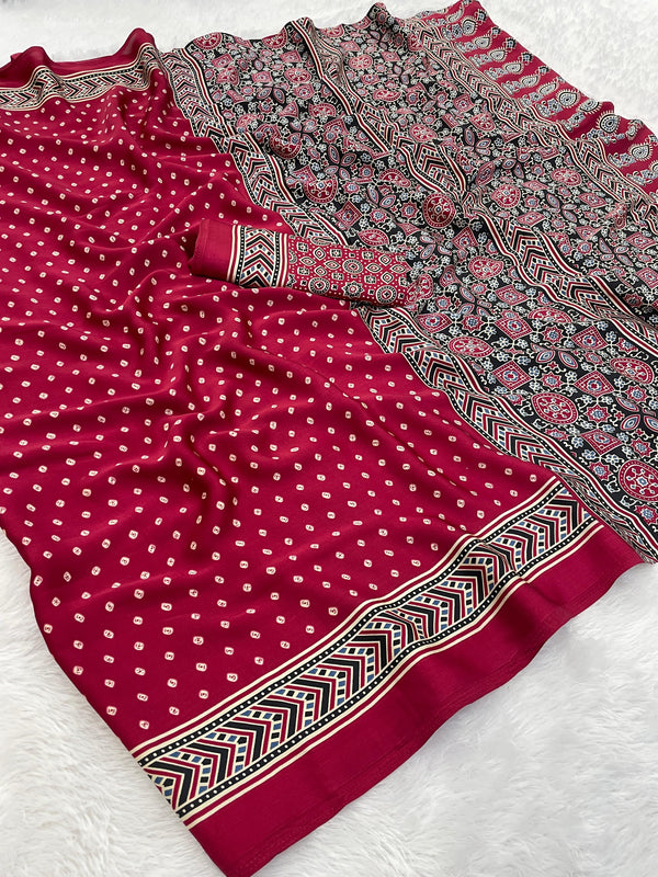 Bandhani With Ajrakh Printed Saree With Blouse