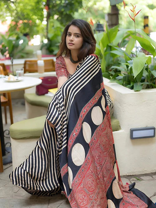 Iridiun Black and White Stripes Ajrakh Printed Satin Crepe Silk Saree
