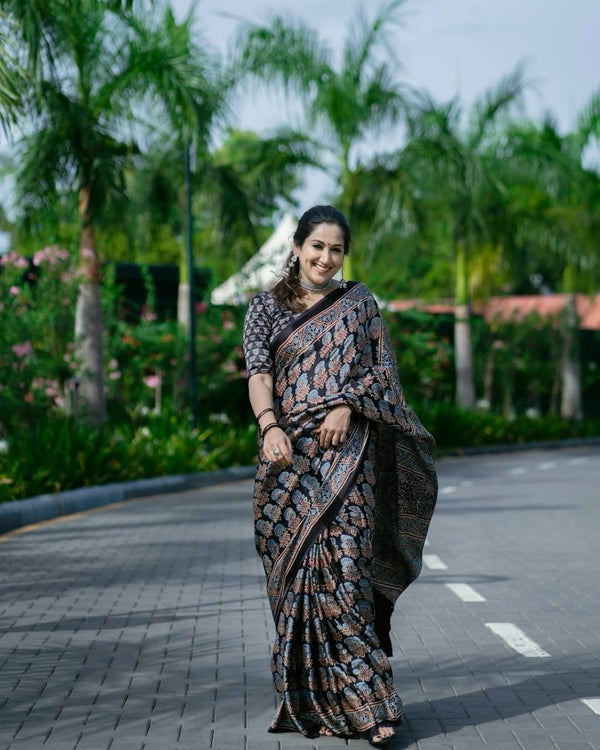 Black Ajrakh Modal Silk Printed Daree