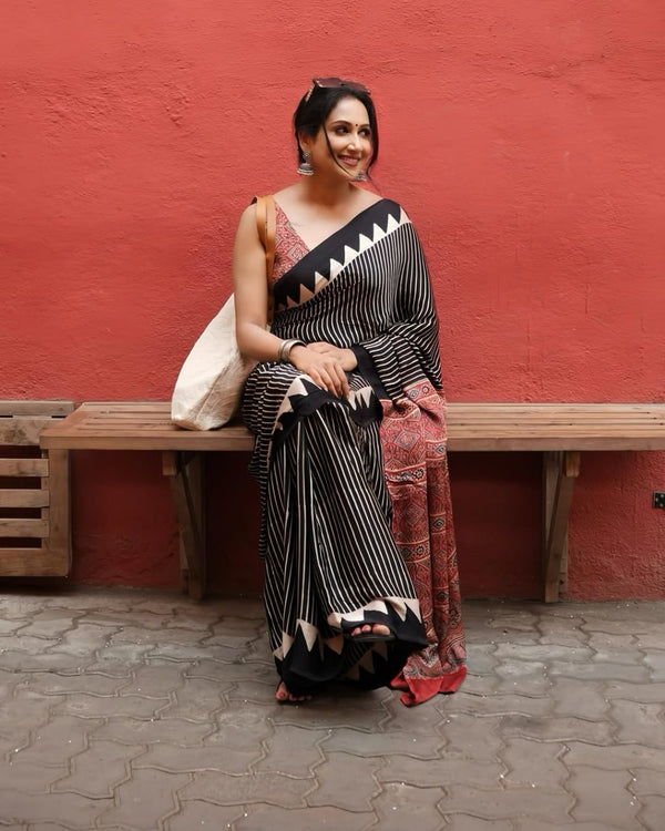 Black With Red Pallu Ajrakh Printed Modal Silk Saree